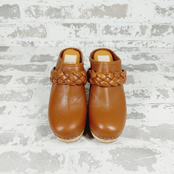 New Dolce Vita Hila Brown Leather Block Heel Slide In Clogs C131 - Picture 6 of 10